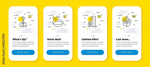 Vector set of Buildings, Frying pan and Hiring employees line icons set. UI phone app screens with line icons. Augmented reality icon. City architecture, Cooking utensil, Human resources. Vector