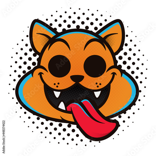 Cartoon illustration of Cat Head with long tongue using halftone effect like old school comic style, best for sticker, pin, t-shirt design for urban streetwear style