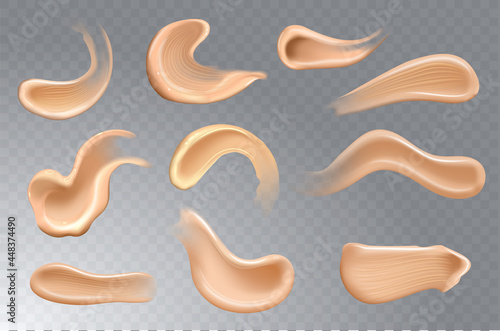Set of realistic cosmetic cream smears. Skincare product of different body colors. Lotion smooth smear isolated vector texture on transparent background.