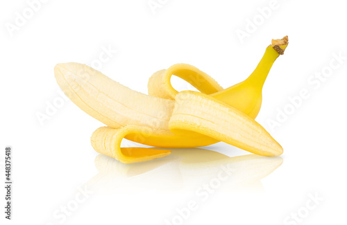 Half peeled ripe banana isolated on white background
