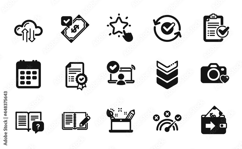 Vector set of Online access, Feedback and Approved icons simple set. Creativity concept, Photo camera and Cloud sync icons. Wallet, Ranking star and Calendar signs. Vector