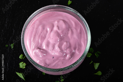 Fruit yoghurt in a glass bowl