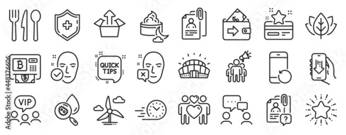 Set of Business icons, such as Recovery phone, Loyalty card, Wallet icons. Quick tips, Face declined, Brand ambassador signs. Sports stadium, Windmill turbine, Food. Night cream, Star. Vector
