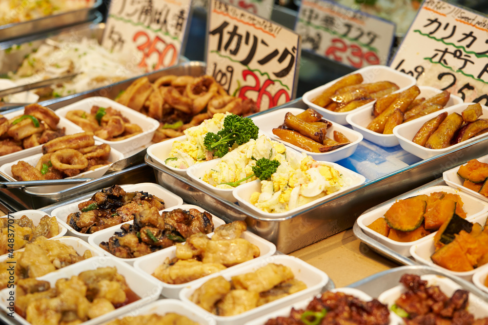 Side dishes displayed in a traditional Japanese market 