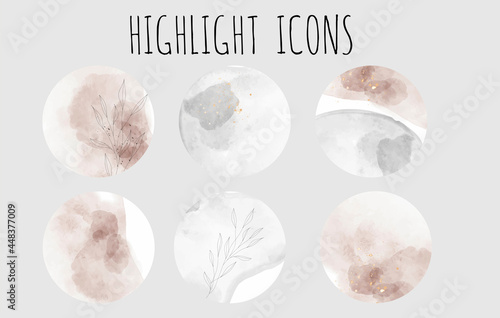 Set of vector abstract backgrounds for social media stories, highlights with watercolour and glitter.