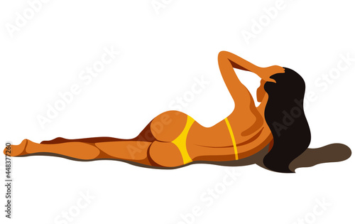 vector illustration on the theme of summer holidays. beautiful young tanned girl in a yellow bikini sunbathes turning her back on the beach.useful for advertising summer vacations, resorts, hotels