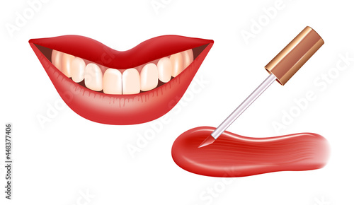 Make-up set for lips with realistic creme smear, realistic liquid lipstick and lips.