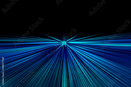 Abstract surface of blur radial zoom in dark blue and light blue tones on black background. Abstract background with radial, diverging, converging lines.