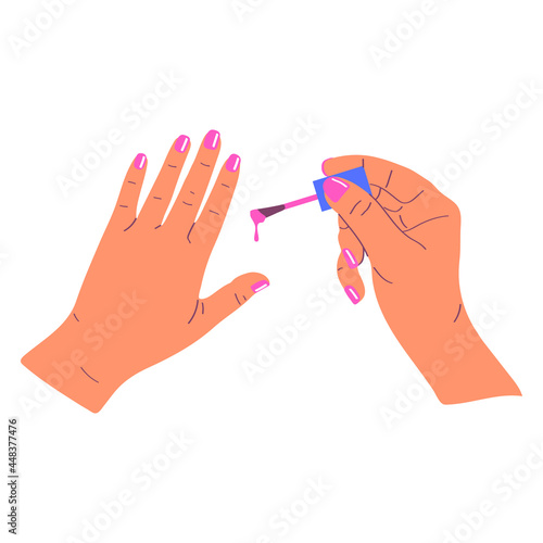 Women's hands paint their nails. Nail care concept. Flat style vector illustration isolated on white background