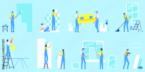 Home repair worker set. Collection of people making house or home apartment interior renovation. Cartoon flat man and woman builder characters. Flat style vector illustration isolated on white backgro