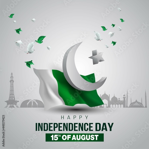 happy independence day Pakistan. 3d flag, moon with flying pigeon. vector illustration design