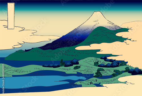 Ukiyo-e Japan nature landscape with hills, lake and mountain in traditional japanese sumi-e style vector illustration.