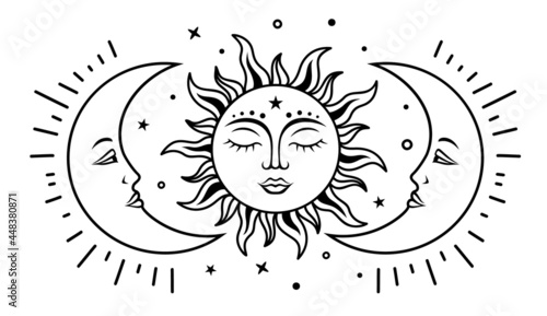 Sun and two moon with faces. Celestial design. Vector silhouette illustration. Symbols of magic and alchemy. Boho mystical sign. Witchy print.