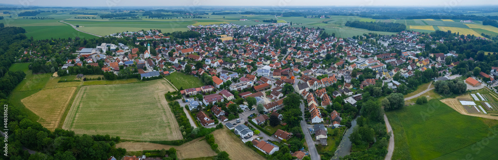 Aerial view around the city Haimhausen in Germany., Bavaria on a cloudy afternoon in spring.