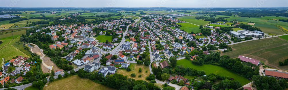 Aerial view of the old town of the city Odelzhausen in Germany, Bavaria on a sunny spring day.