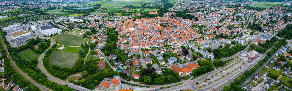 Fototapeta Aerial view of the old town of the city Friedberg in Germany, Bavaria on a sunny spring day.