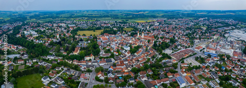 Aerial view of the old town of the city Moosburg in Germany, Bavaria on a sunny spring day mrning.