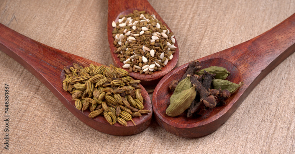 Ajwain Also Know as Ajowan, Caraway or (Trachyspermum Ammi) in spoon and in bowl. Ajwain Also Know as Ajowan, Caraway or (Trachyspermum Ammi) in spoon and in bowl.