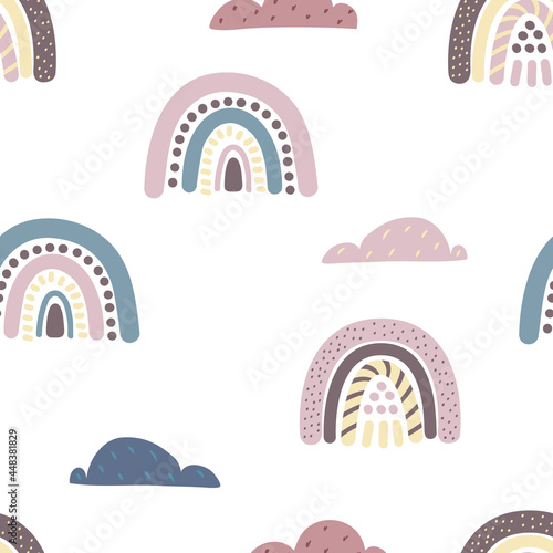 Rainbow clouds pastel boho seamless pattern. Design of children clothing, children bedding, decor nursery