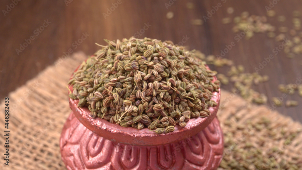 Ajwain Also Know as Ajowan, Caraway or (Trachyspermum Ammi) in spoon and in bowl. Ajwain Also Know as Ajowan, Caraway or (Trachyspermum Ammi) in spoon and in bowl.