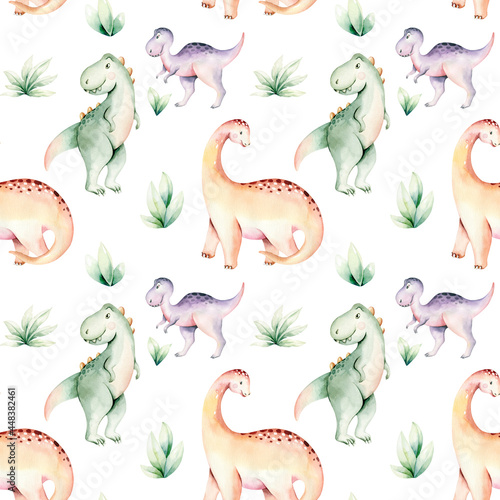 Watercolor nursery Dinosaur seamless pattern Tyrannosaurus Rex decorated with green prehistoric plants. Hand painted dinosaurs. Predator jurassic age fabric  digital paper