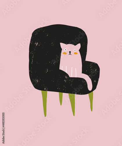 Cute Hand Drawn Vector Illustration with Pink Cat Sitting on a Black Easy Chair. Nursery Art with Funny Kitty ideal for Card, Invitation, Poster, Wall Art. Grunge Infantile Style Art for Cat Lovers.