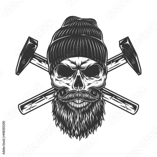 Crossed hammers and skull in beanie hat