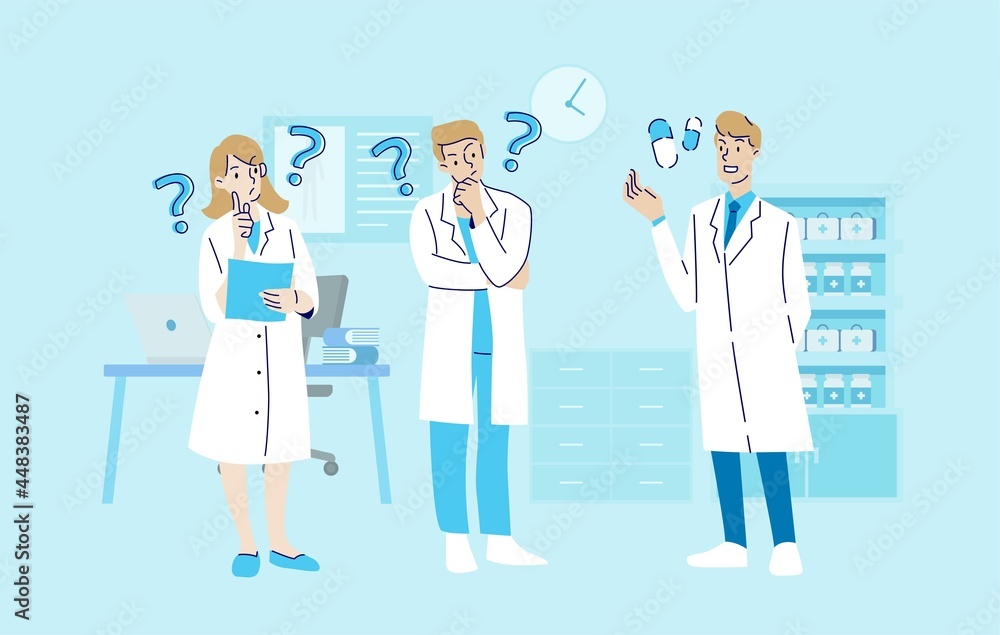 Doctor teacher is explaining medicine to medical students and nurse have a confused with question. Healthcare
and medical concept. Hand draw style. Vector illustration. Doctor teacher is explaining medicine to medical students and nurse have a confused with question. Healthcare
and medical concept. Hand draw style. Vector illustration.