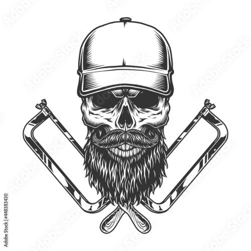 Bearded and mustached skull in baseball cap