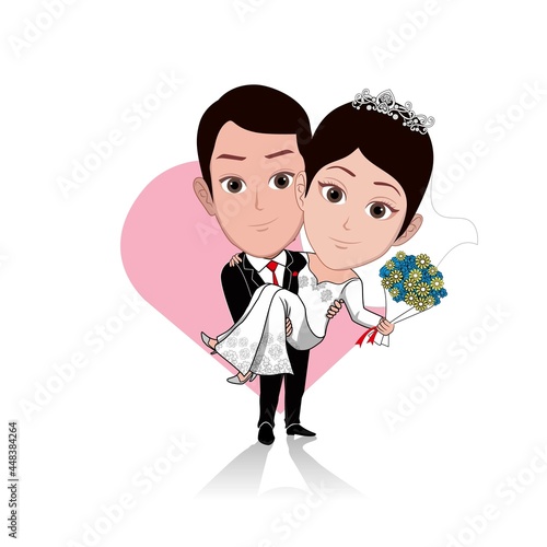 Cartoon carricature couple wearing wedding dress and being carried