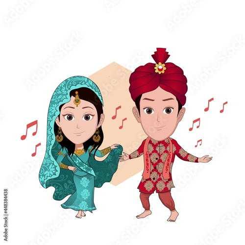 Cartoon carricature of a couple dancing indian song