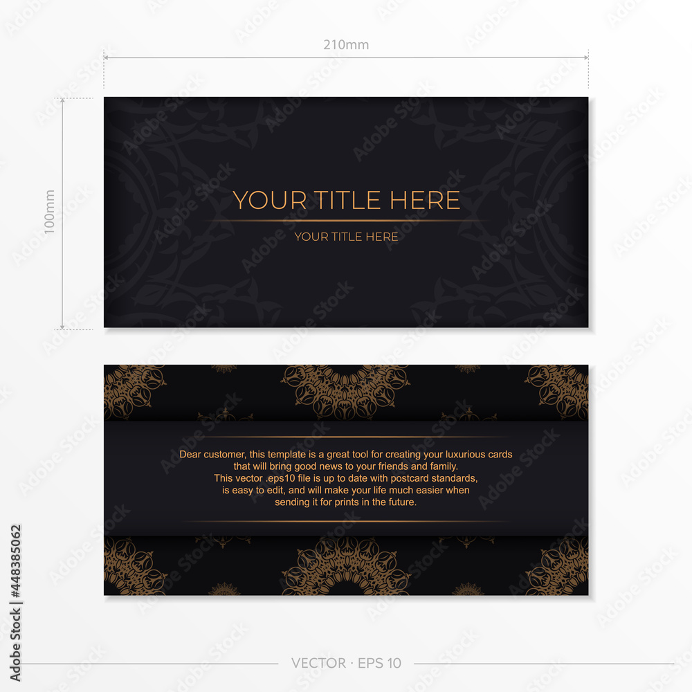 Rectangular postcards in Black with luxurious ornaments. Invitation card design with vintage patterns.