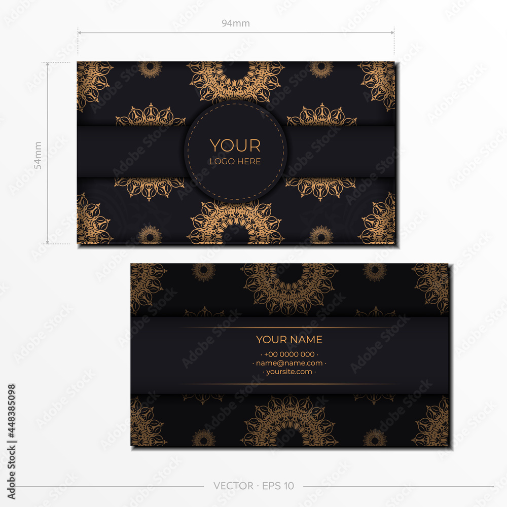 Vector Business card template in black color with luxury patterns. Print-ready business card design with vintage ornament.