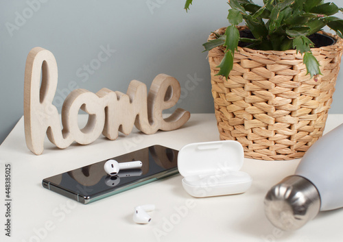 Cell phone near plant in a pot, reusable bottle, wireless earphones and wooden decor
