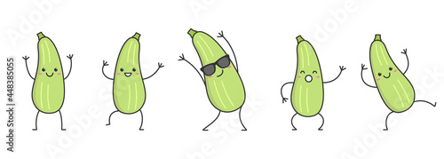 Set squash character cartoon dancing face smiling vegetable marrow happy emotions courgette icon logo vector illustration.