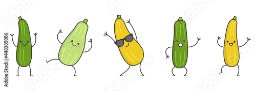 Set squash zucchini character cartoon dancing face smiling vegetable marrow happy emotions icon logo vector illustration.