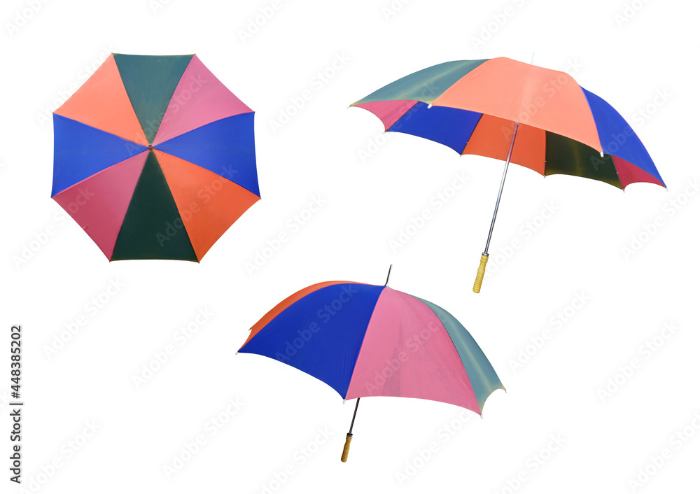 Top view, Collection set of rainbow umbrella isolated on white background for stock photo or design, invesment, business, summer concept Top view, Collection set of rainbow umbrella isolated on white background for stock photo or design, invesment, business, summer concept