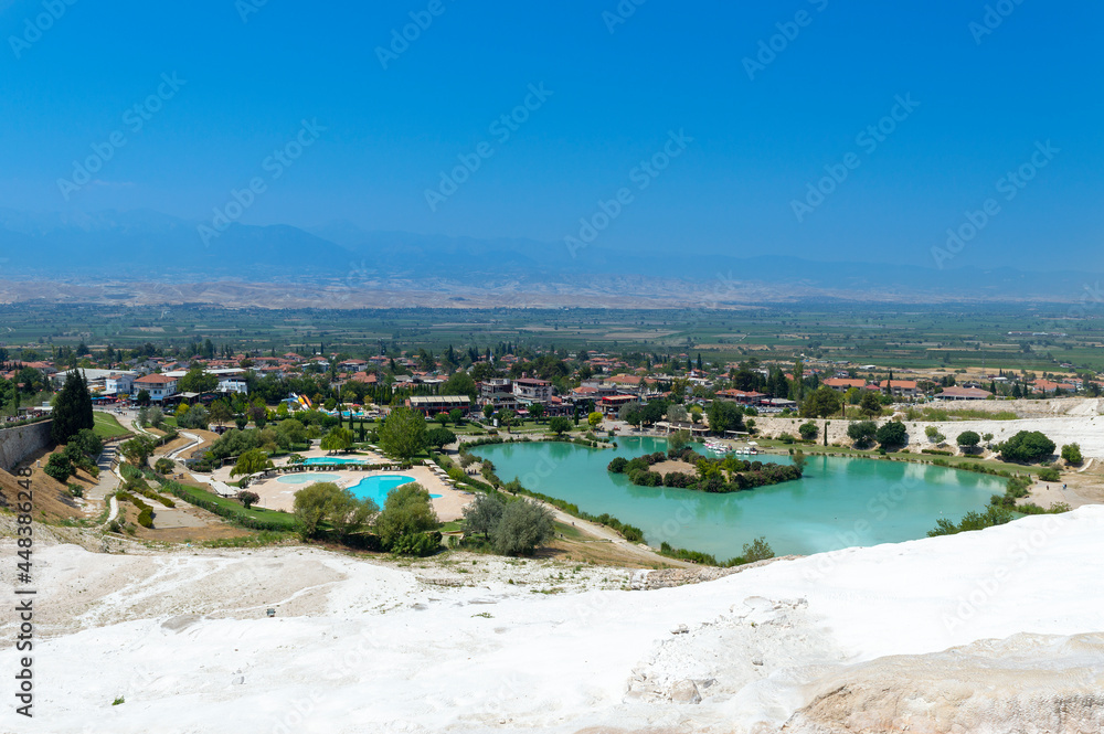 Fototapeta premium Pamukkale, Turkey - one of the most famous attractions of Turkey, Pamukkale is a Unesco World Heritage site. Here in particular the white travertine terraces