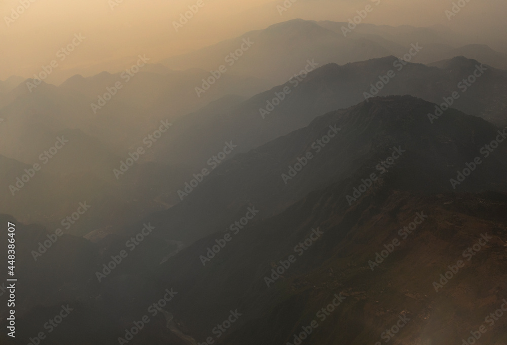 mountains with haze and fog, misty mountains , silhouette landscape of mountains 