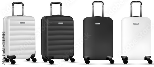 Trip isolated. Set of silver and black travel plastic suitcase or vacation baggage bag on white background. Design of summer vacation holiday concept.