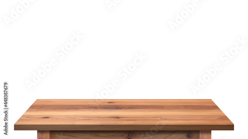 Wooden tabletop with aged surface isolated on white background empty rustic wood table for montage product display or design key visual layout, with clipping path.