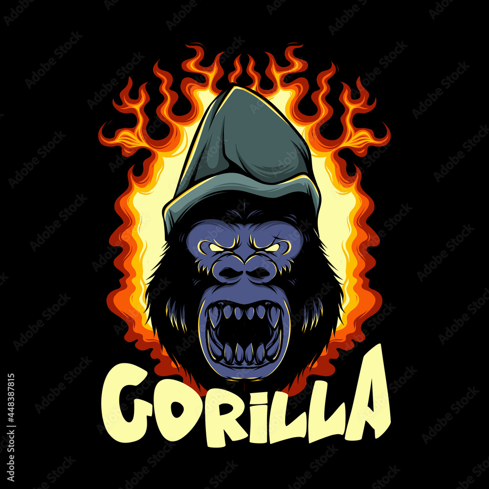 gorilla head with hat and smoldering fire illustration gorilla head with hat and smoldering fire illustration