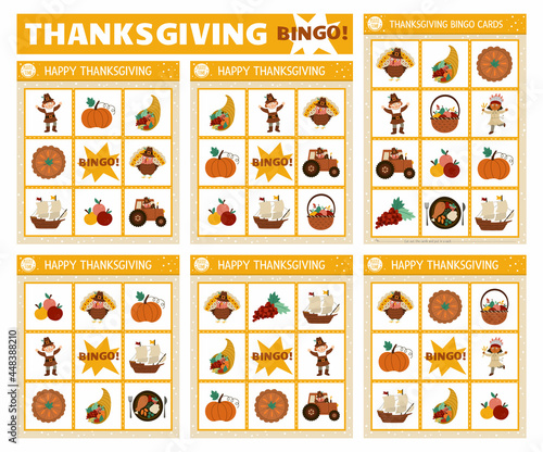 Vector Thanksgiving bingo cards set. Fun family lotto board game with cute turkey, pumpkin, pilgrim for kids. Autumn Fall holiday lottery activity. Simple educational printable worksheet..