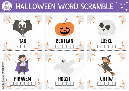 Vector Halloween word scramble activity cards. English language game with cute witch, lantern, vampire for kids. Autumn Fall holiday family quiz. Simple educational printable worksheet..