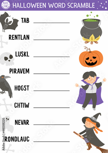 Vector Halloween word scramble activity page. English language game with cute witch, lantern, vampire for kids. Autumn Fall holiday family quiz. Simple educational printable worksheet..