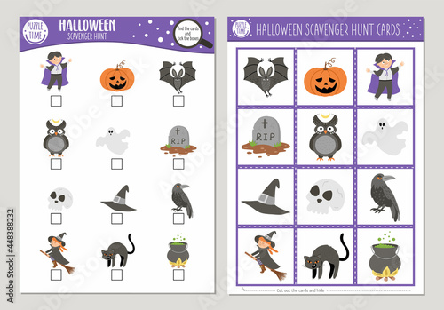 Vector Halloween scavenger hunt cards set. Seek and find game with witch, lantern, vampire for kids. Autumn Fall holiday searching activity. Simple educational printable worksheet.. photo