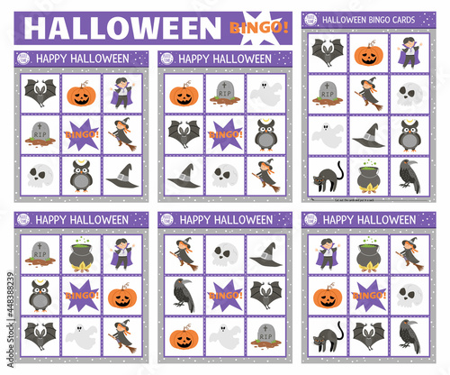 Vector Halloween bingo cards set. Fun family lotto board game with cute witch, lantern, vampire for kids. Autumn Fall holiday lottery activity. Simple educational printable worksheet..