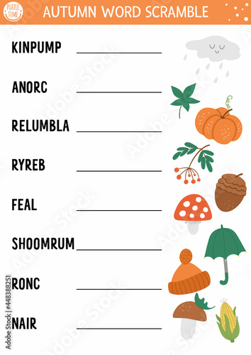 Vector Autumn word scramble activity page. English language game with cute pumpkin, mushroom, umbrella for kids. Fall season family quiz. Simple educational printable worksheet..