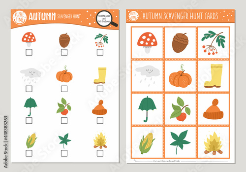 Vector Autumn scavenger hunt cards set. Seek and find game with cute pumpkin, mushroom, umbrella for kids. Fall seasonal searching activity. Simple educational printable worksheet..