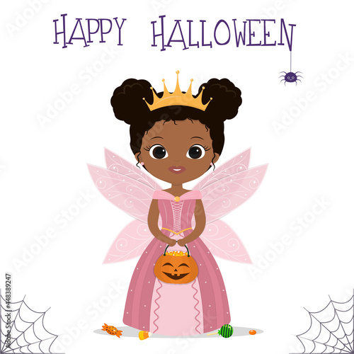 Halloween party. Cute African American girl dressed as a fairy princess with wings and a crown, holding a pumpkin with candy corn and lollipops, a spider and a web. Postcard, vector.